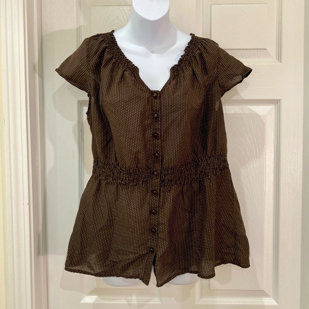 Chocolate Brown Polka Dot Button-Up Blouse | EUC | XL